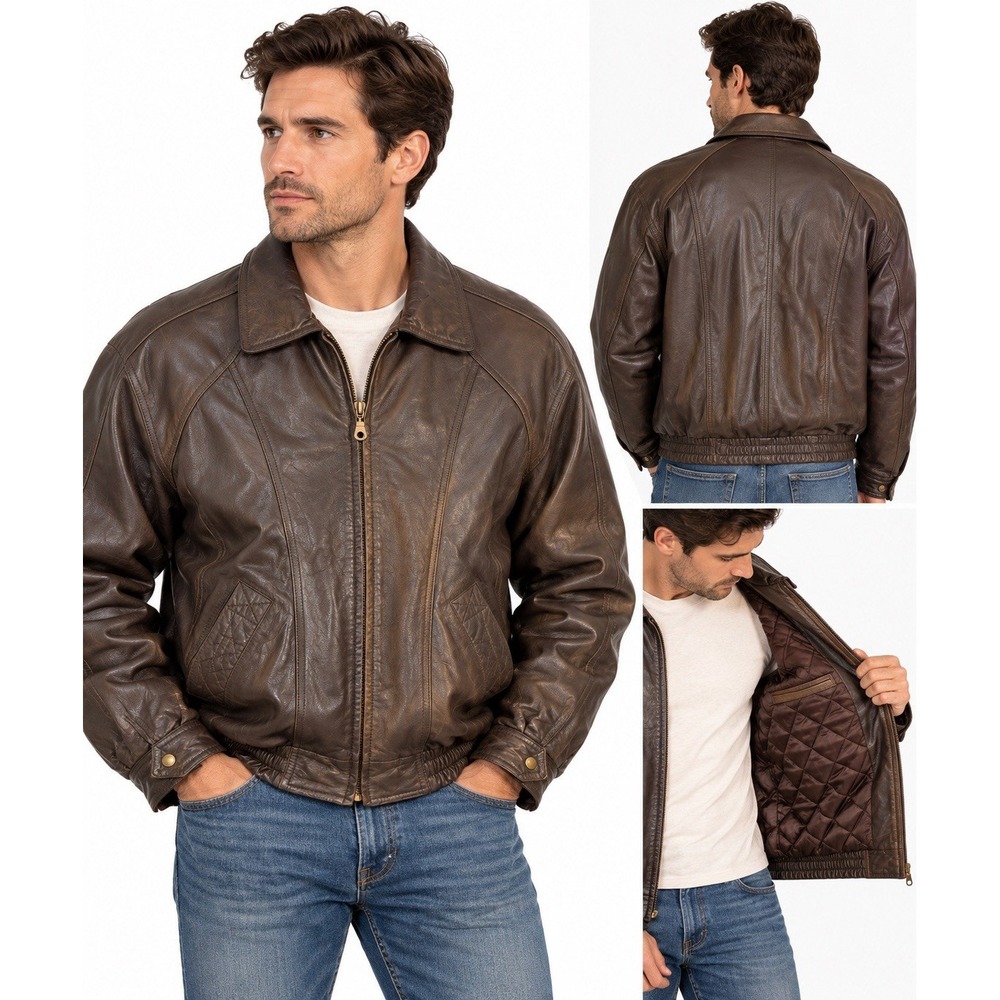Vintage 90s Towne London Fog Leather Bomber Jacket Mens M Brown Quilted